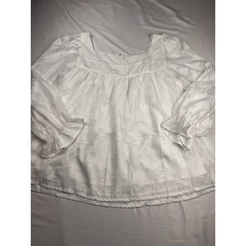 Boho Top Fairy Grunge‎ Square Neck 3/4 Puff Sleeve Textured Floral White Women M